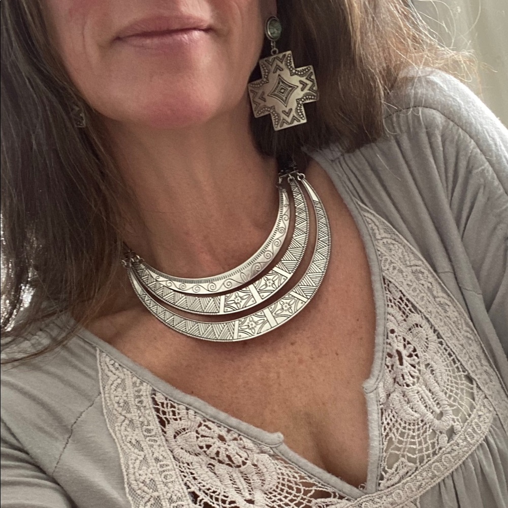 Silver Crescent Plate Tribal Necklace